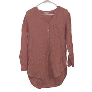 Caslon Womens Pink Cotton Gauze Henley Tunic Top Long Sleeve Split V-Neck Small